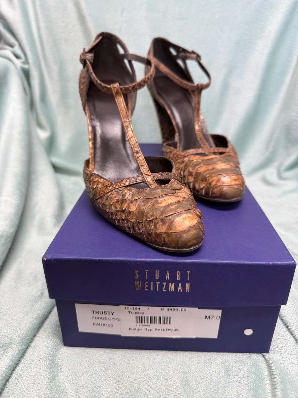 Stuart Weitzman Fudge Brown T-Strap Python Heels